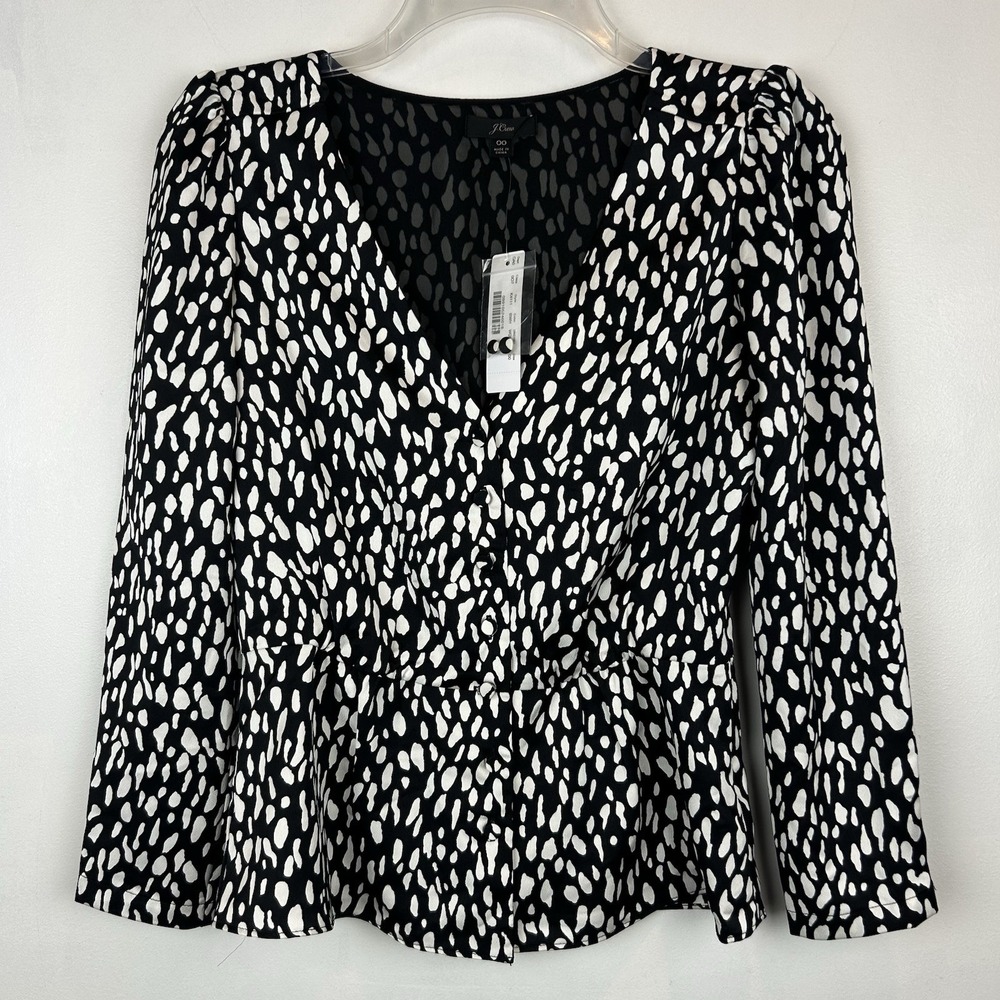 J Crew Peplem Top Womens 00 Satin Crepe K4111 Animal Print Black Office Career